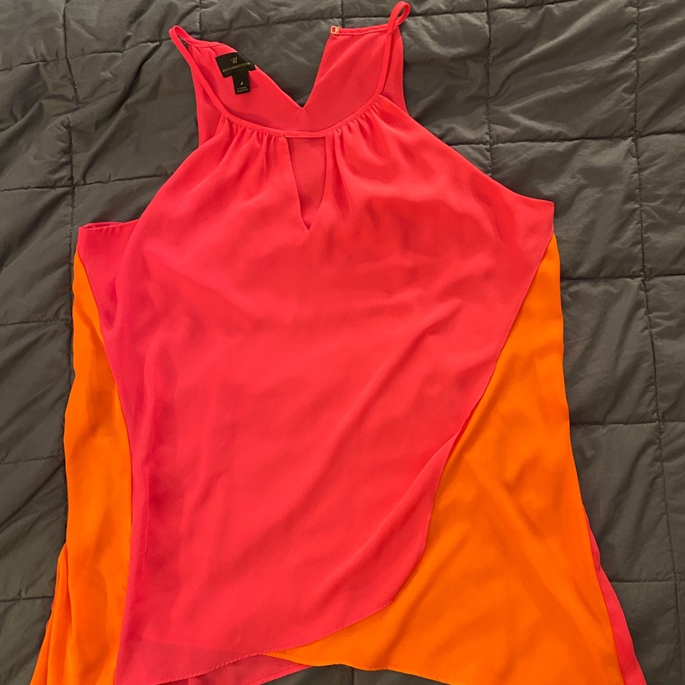 Pink and orange asymmetrical halter tank top